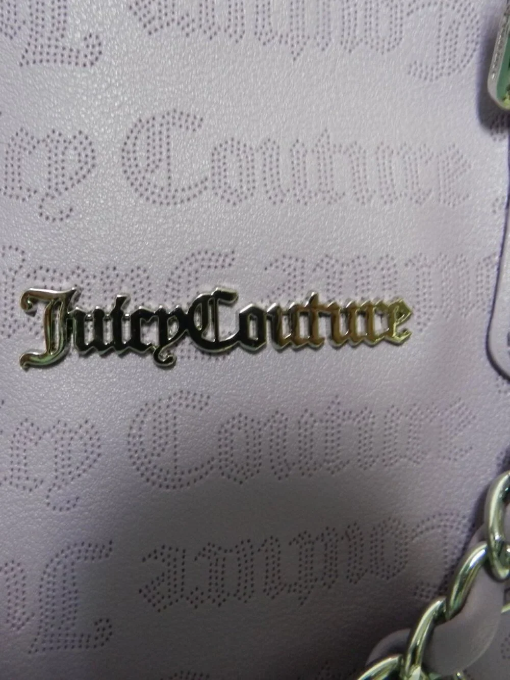 Juicy Couture faux leather barrel tote bag purse Purple zip top  Chain w/ Jewels